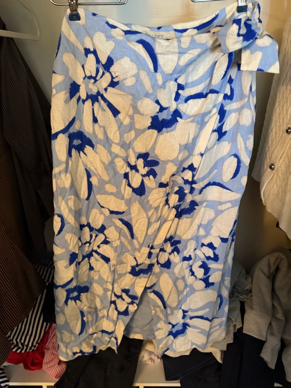 LOFT White and Blue Floral Wrap Midi Skirt
